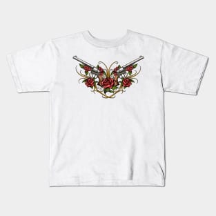 Two Guns and Rose flowers Drawn in  Tattoo Style Kids T-Shirt